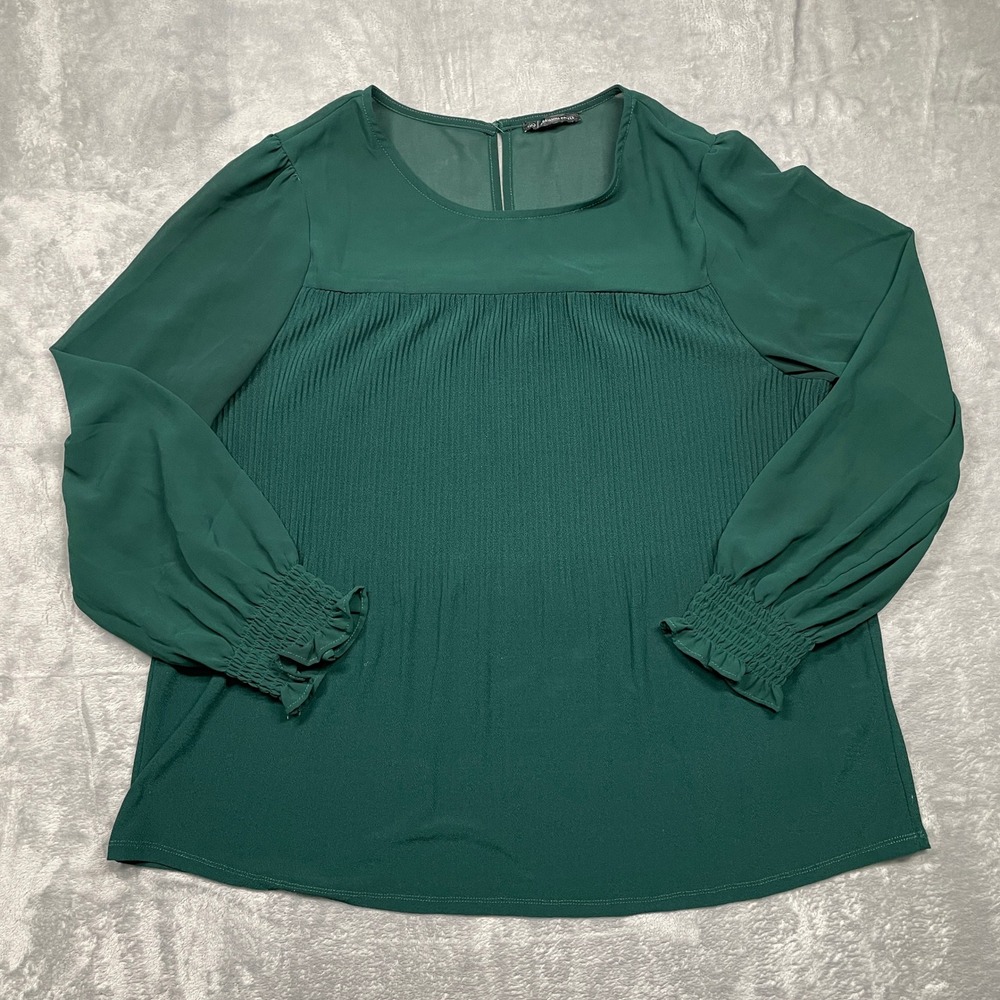 Adrianna Papell Blouse Women XL Green Pleated Smocked Cuff Sheer Sleeve